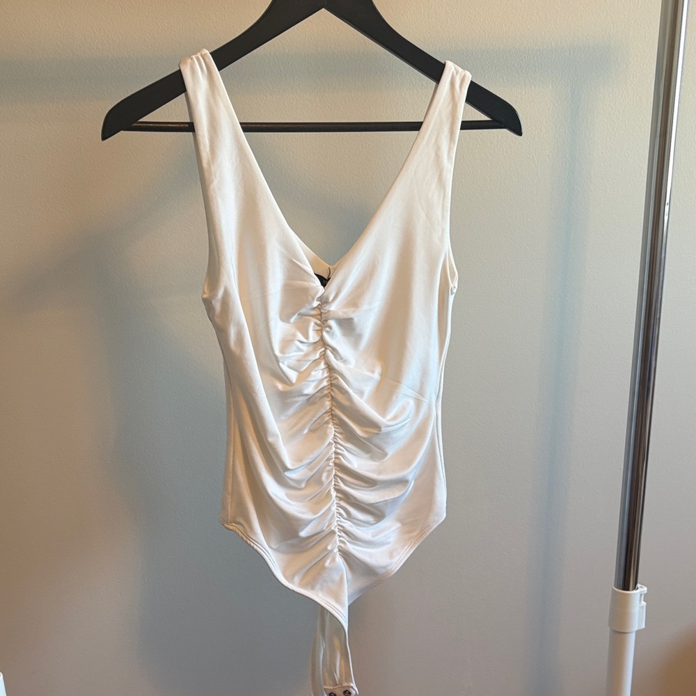 Y2K-Inspired Deep V Neck White Ruched Women's Bodysuit